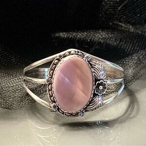 Vintage Navajo Sterling Silver and Pink Mother of Pearl Floral Cuff Bracelet